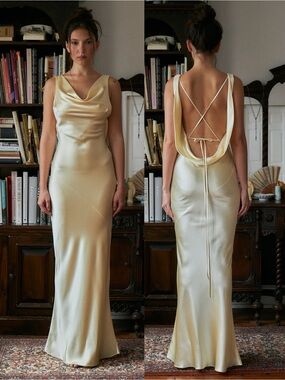 Mirror Palais Plunging Cowl Neckline Silk Gown Butter Yellow NEW with tag